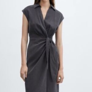 MANGO MNG True Wrap Midi Bow Modal Dress Silky Sleeveless Gray Size Small